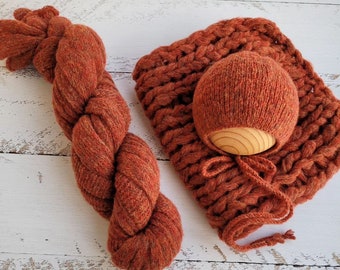 Rust Newborn Knitted Blanket with Bonnet, Newborn photo prop layers