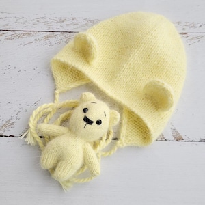 Yellow Teddy Bear bonnet, romper, wrap, toy. Polar bear outfit. Newborn photo props