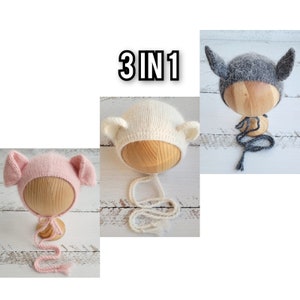 3-in-1 Animal Newborn Knitting Bonnet Pattern: Pig, Bat, Bear (PDF)