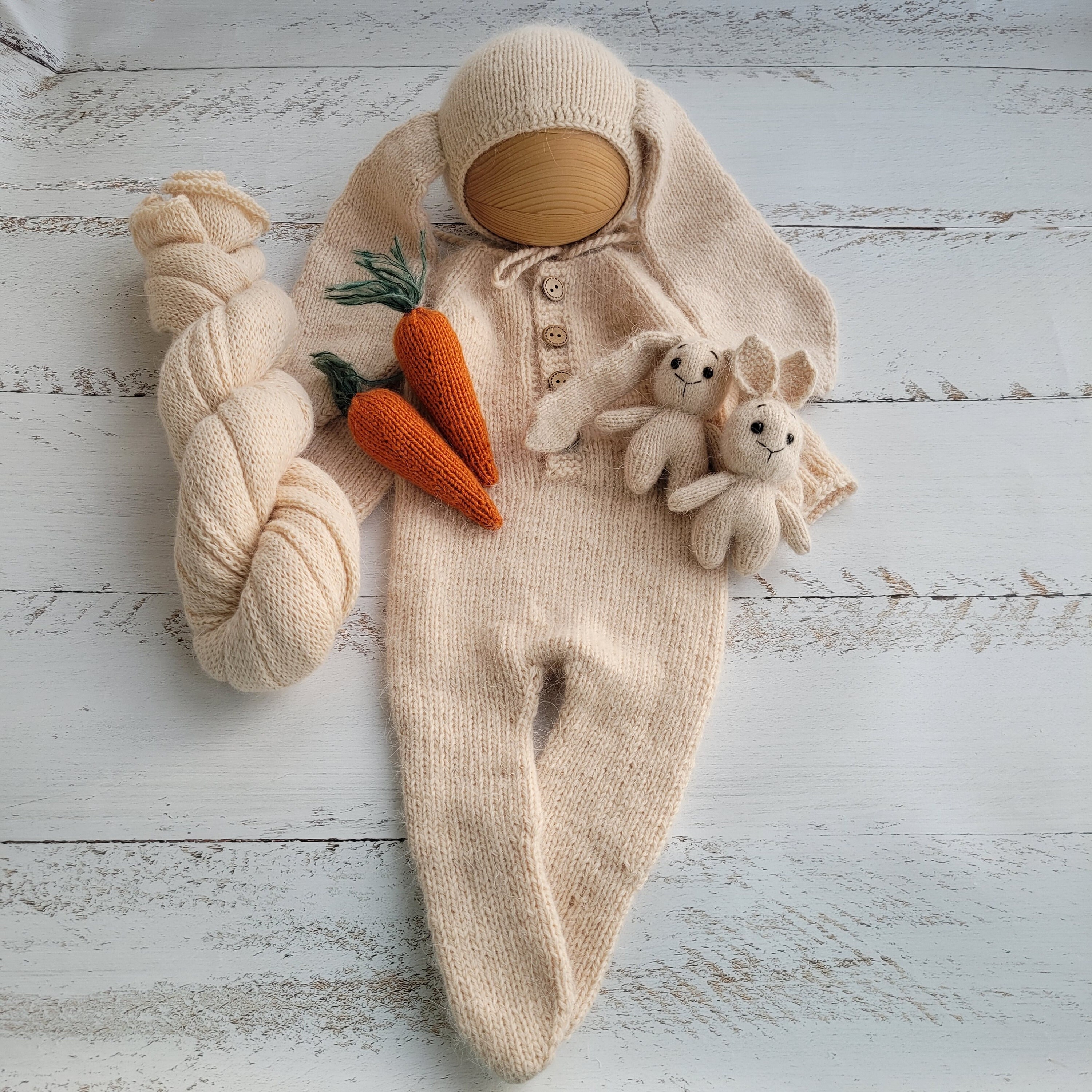 Cream Bunny bonnet, romper, wrap, toy. Rabbit outfit/ Easter Newborn photo props