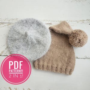 May include: Two knitted hats, one gray beret and one brown beanie with a pom-pom. The text "PDF PATTERN!!! 2 IN 1!" is on a pink circle.