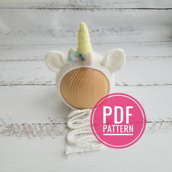 PDF! Unicorn newborn knitting bonnet pattern. Animal hat tutorial. Newborn props pattern