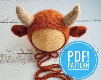 PDF! Cow newborn knitting bonnet / Animal hat tutorial / Newborn props pattern