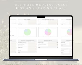 May include: A laptop screen displaying a Google Sheet template for wedding planning. The sheet includes sections for RSVP summary, guest breakdown, additional guest requirements, attendance tracker, and wedding follow-up. The text "The Luxury Bride Ultimate Wedding Guest List and Seating Chart" is at the top of the screen.