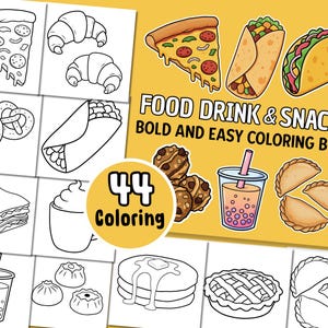 Food, Drink & Snacks Coloring Book, 44 Bold and Easy Pages, Digital Download, Printable Coloring Pages