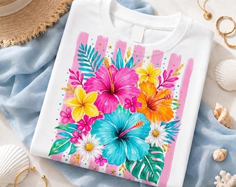 Tropical Flowers PNG, Preppy Floral Sublimation Design, Summer Hibiscus Shirt Graphic, Colorful Beach PNG Download