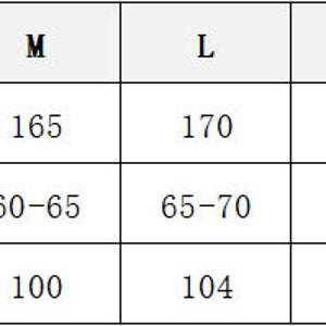 May include: Size chart for clothing with suggested height and weight in centimeters and kilograms, and chest measurements in centimeters.