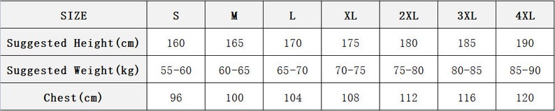 May include: Size chart for clothing with suggested height and weight in centimeters and kilograms, and chest measurements in centimeters.