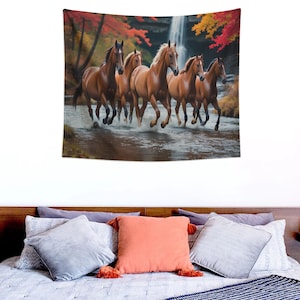 Wild Horses Wall Tapestry – Running Horses Wall Hanging, Autumn Waterfall Landscape Wildlife Art for Bedroom, Dorm, or Living Room Decor