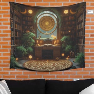 Mage&#39;s Altar in Study Wall Tapestry – Mystical Wizard Room Decor for Bedroom Dorm, Magical Spellcaster Wall Art, Fantasy Home Tapestries