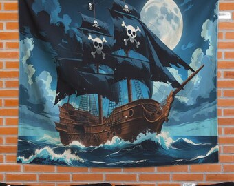 May include: A tapestry depicting a pirate ship sailing on a stormy sea under a full moon. The ship has black sails with skull and crossbones, and the artwork is set against a night sky with clouds. The tapestry is hanging on a brick wall.