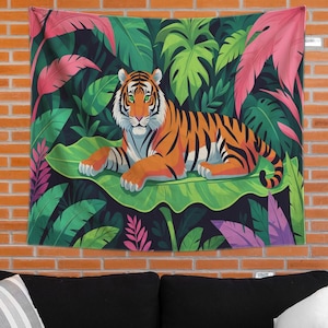 Jungle Tiger Wall Tapestry – Wild Big Cat Wall Hanging for Bedroom Dorm, Exotic Nature Art, Boho Animal Decor, Lush Tropical Tapestries Gift