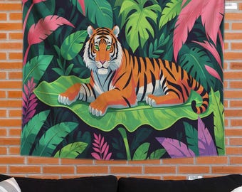 Tapiz de tigre de la jungla: tapiz de felino salvaje para dormitorio, arte natural exótico, decoración bohemia de animales, tapiz tropical exuberante.
