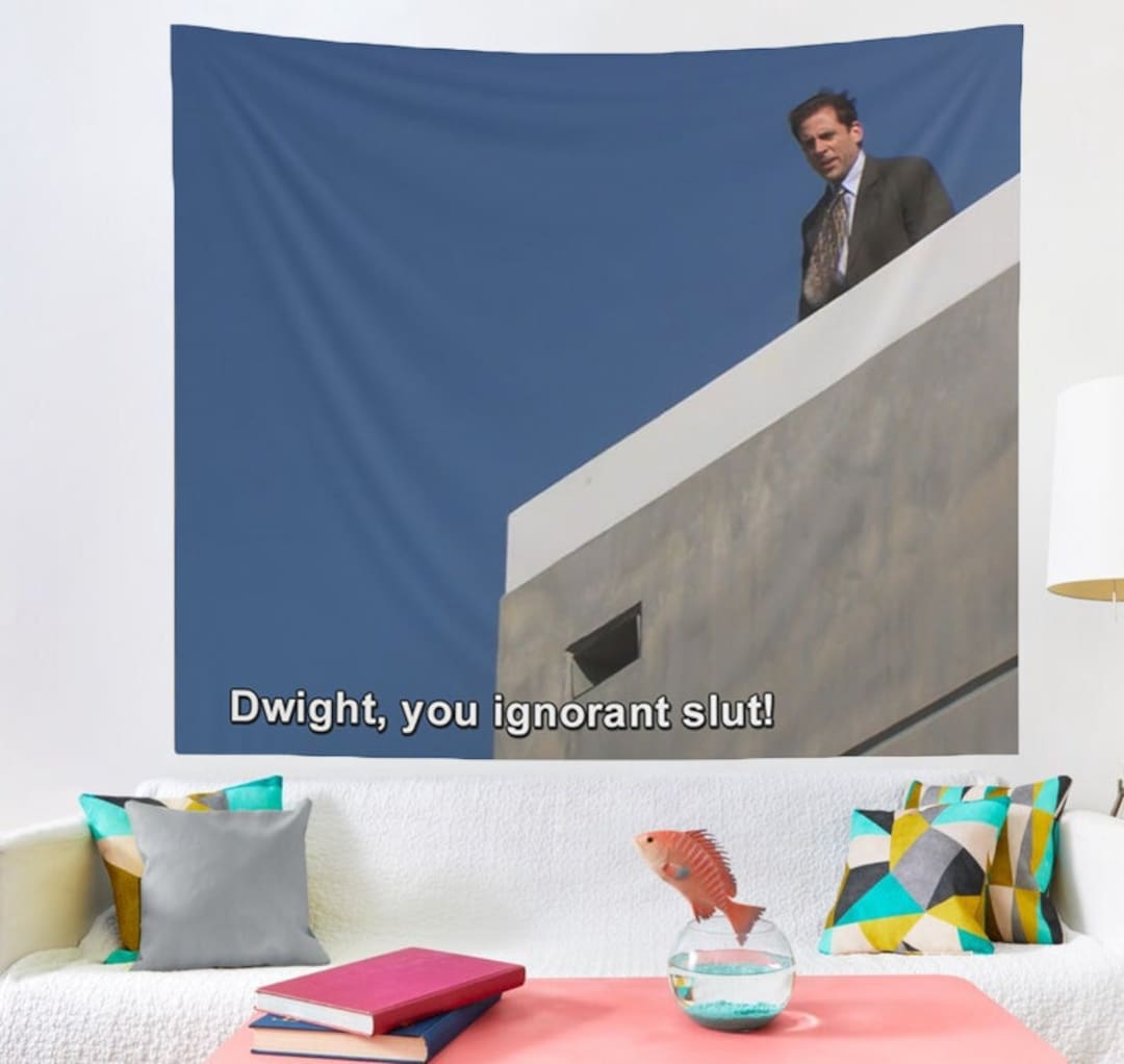 A vibrant tapestry featuring Dwight Schrute’s face with the phrase 'Dwight, you ignorant slut!' woven into the design, blending retro aesthetics with pop culture humor.