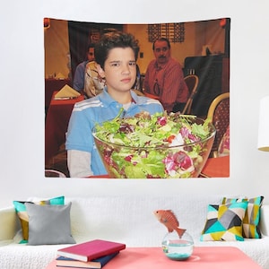 Freddie Benson With A Salad Tapestry, iCarly Tapestry ,College Room & Hostel Dorm Decor, Funny iCarly Meme Wall Hanging Gift Idea