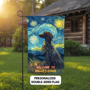May include: A double-sided garden flag featuring a dog in a starry night design. The flag has the text "WELCOME TO BELLA'S HOUSE" and "PERSONALIZED DOUBLE-SIDED FLAG". The artwork is in shades of blue, yellow, and brown.