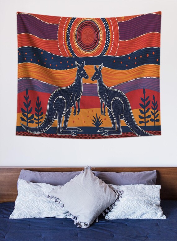 鮮やかなアボリジニアートのカンガルー壁掛けタペストリー - 寝室、寮