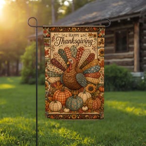Bandiera da giardino con tacchino e zucca patchwork, decorazione per esterni per il Giorno del Ringraziamento, striscione autunnale per il portico, arte autunnale per il prato, regalo di Natale in stile rustico