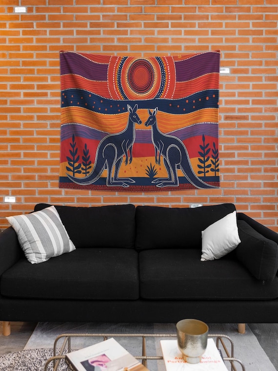 鮮やかなアボリジニアートのカンガルー壁掛けタペストリー - 寝室、寮