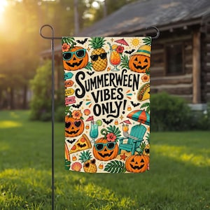 May include: A rectangular garden flag featuring the text Summerween Vibes Only! surrounded by illustrations of jack-o'-lanterns wearing sunglasses, pineapples, tropical drinks, a beach chair with an umbrella, pizza slices, and bats.