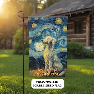 May include: A double-sided garden flag with a dog depicted in a starry night style. The flag displays the text "WELCOME TO BELLA'S HOUSE" and "PERSONALIZED DOUBLE-SIDED FLAG". The dog is light-colored, set against a swirling blue and yellow background.