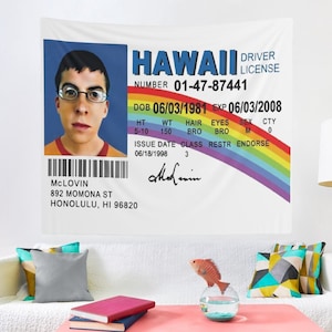 McLovin Fake ID Funny Tapestry, Hostel Dorm Decor, McLovin Fake ID Tapestry, McLovin Fake ID Wall Hanging, Funny McLovin Fake Id  Deocr Gift