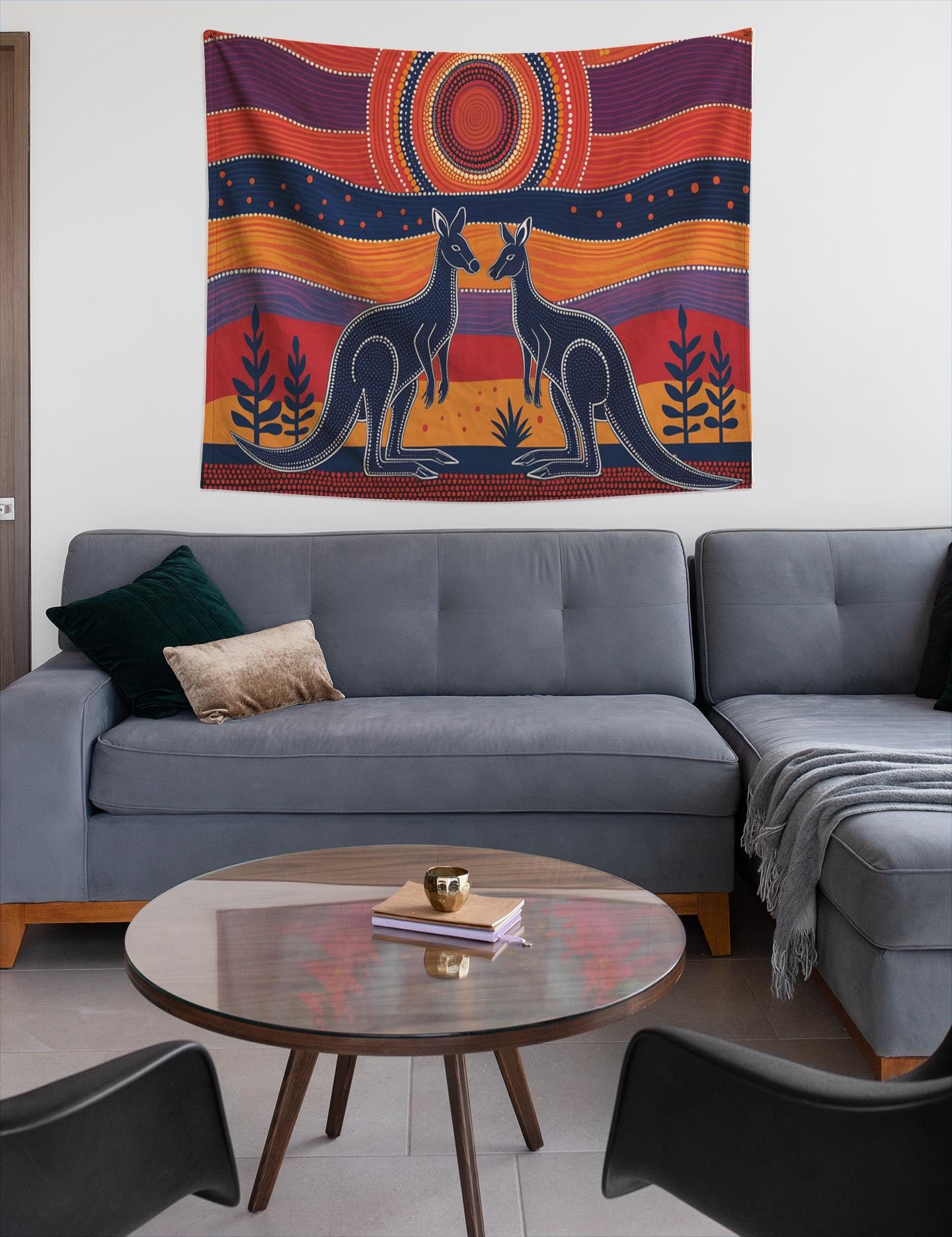 鮮やかなアボリジニアートのカンガルー壁掛けタペストリー - 寝室、寮