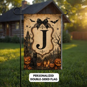 Personalized Initial Halloween Garden Flag, Custom Monogram Outdoor Porch Yard Decor, Spooky Autumn Lawn Banner, Family Gift Idea
