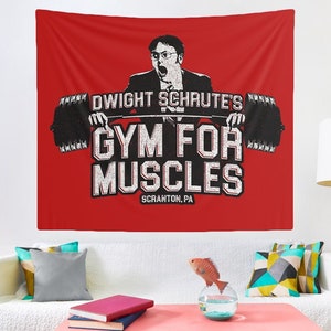 Dwight Schrute&#39;s Gym For Muscles Red Tapestry, College Room &Hostel Dorm Decor, Funny Dwight Schrute&#39;s Gym Wall Hanging, Dwight Schrute Meme