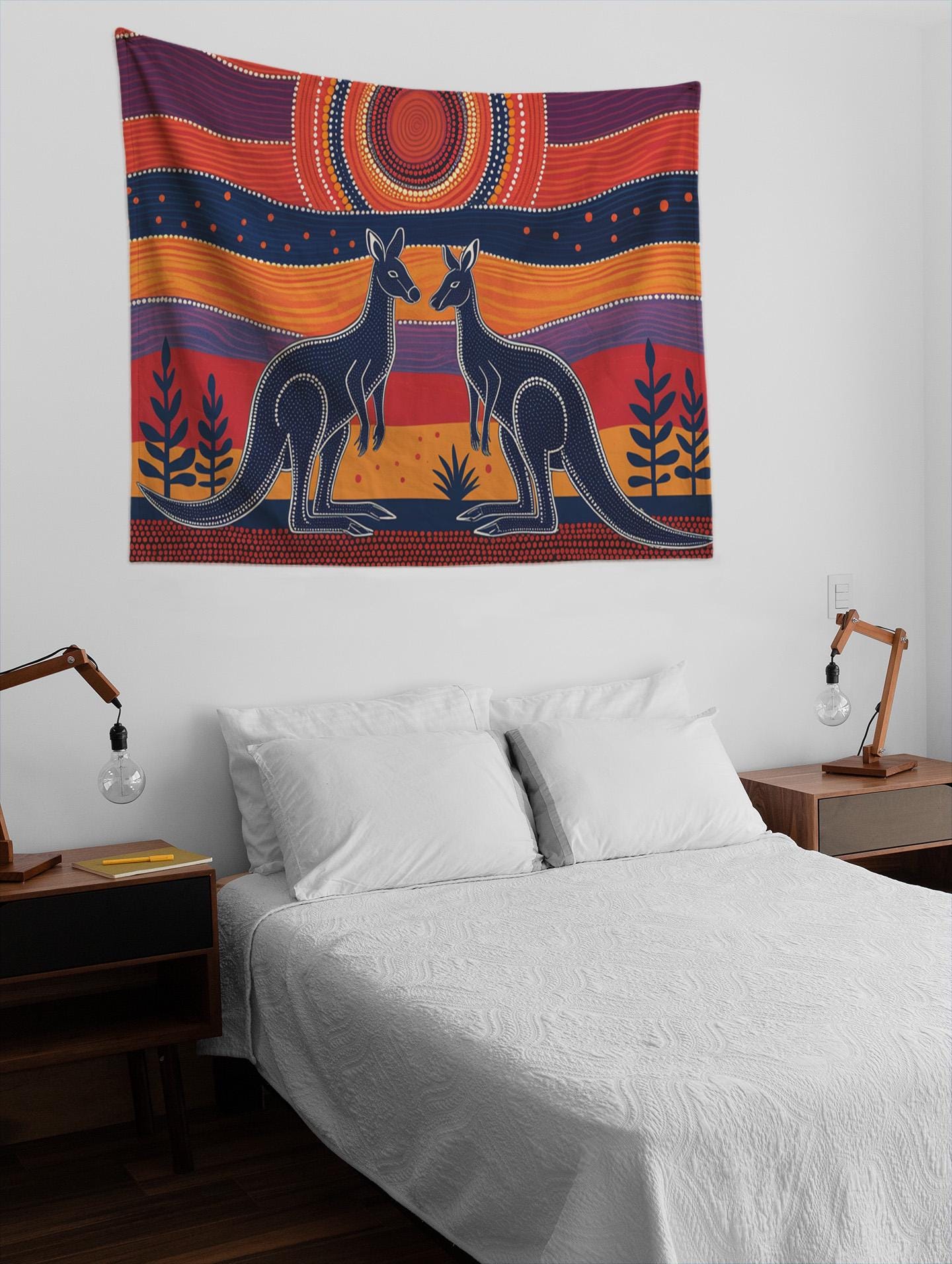 鮮やかなアボリジニアートのカンガルー壁掛けタペストリー - 寝室、寮