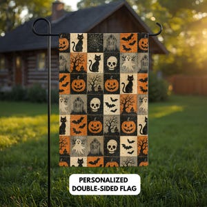 Halloween Patchwork Grid Garden Flag, Spöklik Jack O'Lantern Dödskalle RIV I VID Gravsten Utomhusdekor, Vintage Svart Katt Spöke Gräsmatta Banderoll