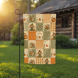 May include: A rectangular garden flag featuring a patchwork design of autumn-themed illustrations. The pattern includes ghosts holding pumpkins, scarecrows, floral arrangements, and pumpkins set against backgrounds of orange and green plaid.