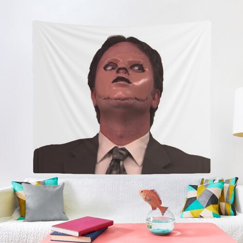 Dwight Schrute - Skin Mask Tapestry, Hostel Dorm Decor, Funny Dwight Schrute Wall Hanging, Dwight Schrute Meme Wall Tapestry, Party Decor
