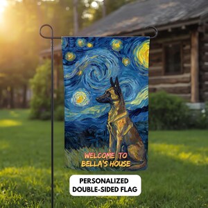 May include: A double-sided garden flag featuring a dog in a starry night design. The flag has the text "WELCOME TO BELLA'S HOUSE" and "PERSONALIZED DOUBLE-SIDED FLAG". The dog is brown and black, and the background is blue and yellow.