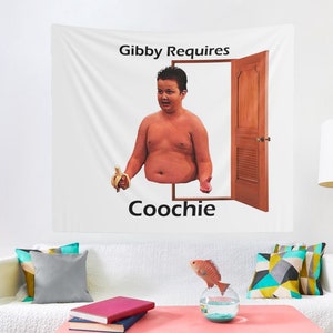 Gibby Requires Coochie Wall Tapestry , Hostel Dorm Decor,  Funny Gibby Meme Flag, Gibby Meme Wall Hanging Gift Idea, Gibby Fans, Gibby Party