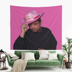 Yes Haw! Sebastian Stan Wall Tapestry, Sebastian Stan With Pink Birthday Princess Cowboy Hat Wall Decor, Wall Hanging, Hostel Dorm Decor