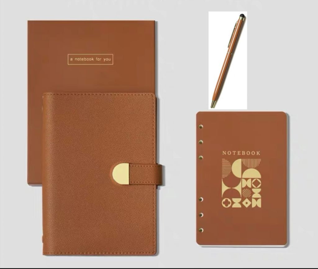 C6 Notebook+Black Ink Gel pen Set, Binder Design,Cover for Planners, Graduation Gift, Office Gifts, Leather Journal,Business Set