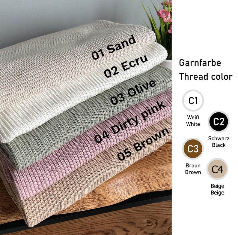 May include: A stack of five folded knitted blankets in colours labelled 01 Sand, 02 Ecru, 03 Olive, 04 Dirty pink, and 05 Brown. To the right, a chart displays thread colours labelled C1 White, C2 Black, C3 Brown, and C4 Beige with circular icons.
