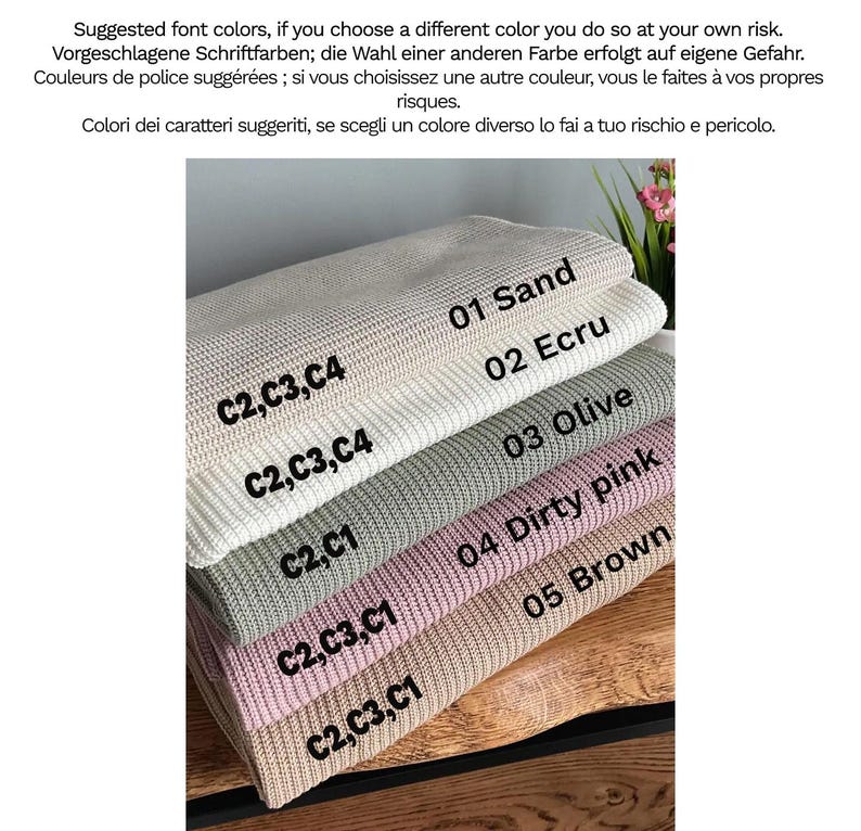 May include: A selection of knitted blankets in shades of sand, ecru, olive, dirty pink, and brown, each labelled with a number and colour name. The text "Suggested font colours..." is at the top.