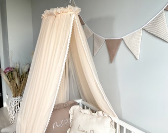 Auvent en tulle pour enfant | Ciel de lit pour lit bébé avec cadre | Auvent avec cadre | Auvent décoratif avec pompons | Moustiquaire