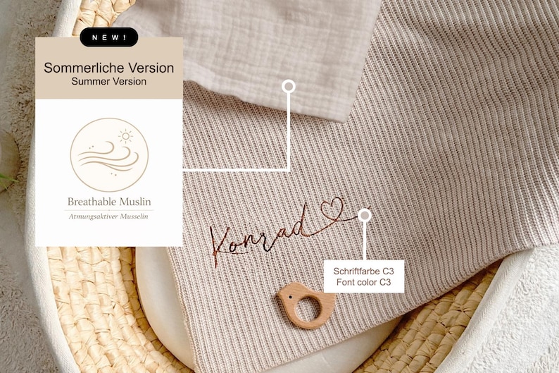 May include: A beige baby blanket with the name "Konrad" embroidered in a cursive font. The blanket has a ribbed texture and a wooden bird-shaped teether. The image also includes text that says "Summer Version" and "Breathable Muslin".