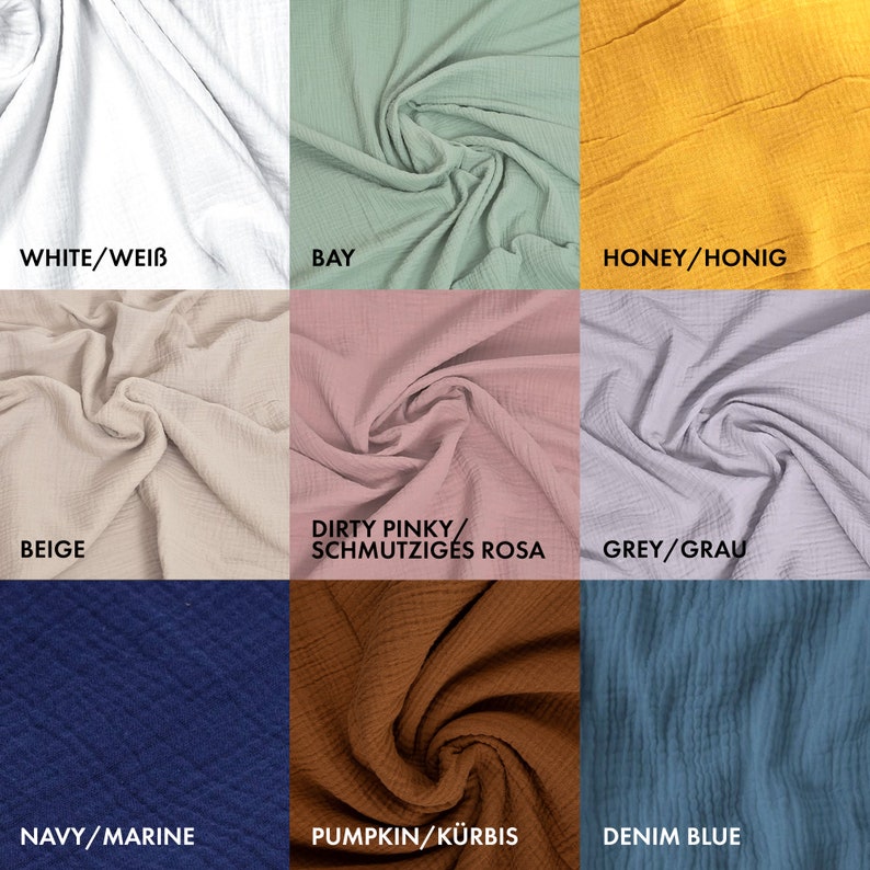 May include: Nine fabric swatches in different colours and textures. The swatches are arranged in a 3x3 grid. The colours are white, bay, honey, beige, dirty pinky, grey, navy, pumpkin, and denim blue.