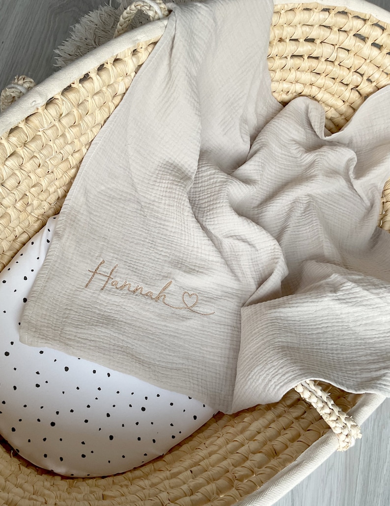 Muslin baby blanket with name organic cotton Summer blanket Birthday gift Baby storage gift image 2