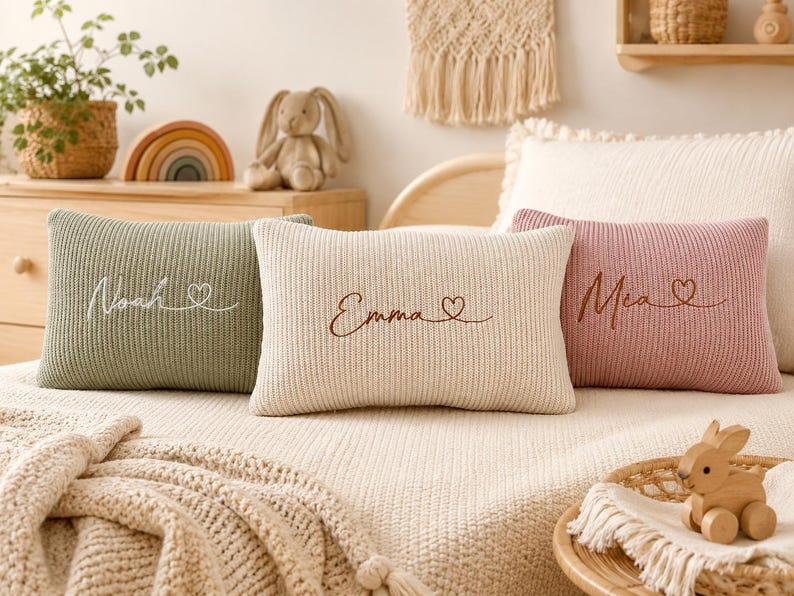 Knit pillow with a name for a child | Birthday gift | Babyshower gift | Decorative pillow with ruffles image 6
