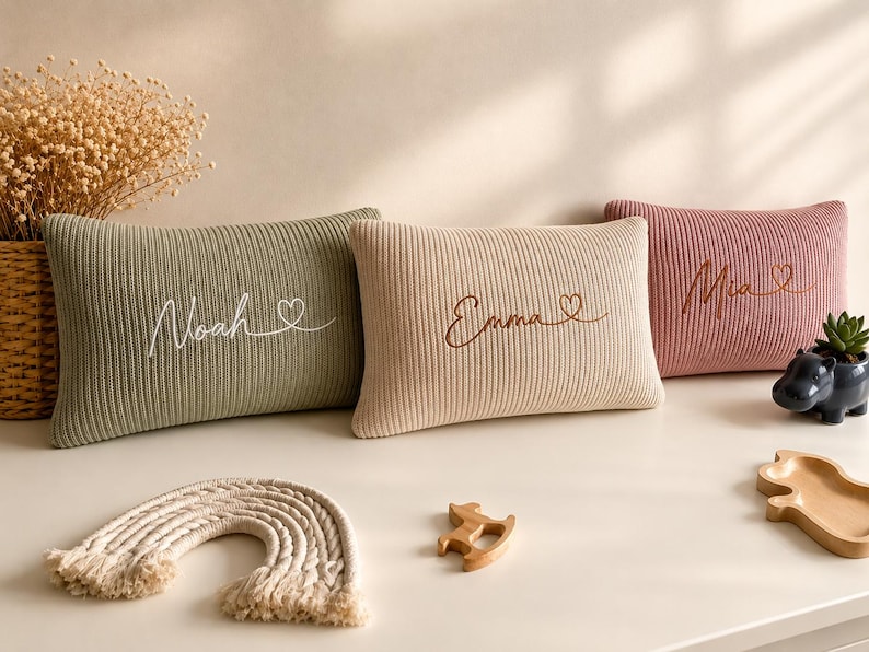 Knit pillow with a name for a child | Birthday gift | Babyshower gift | Decorative pillow with ruffles image 1