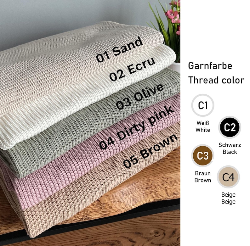May include: A selection of knitted fabric swatches in shades of sand, ecru, olive, dirty pink, and brown. The image displays thread colour options: white, black, brown, and beige, with corresponding colour codes.