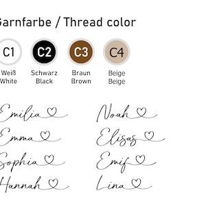 May include: A chart with four colour swatches labelled C1, C2, C3, and C4. The colours are white, black, brown, and beige. Below the swatches are the words "White", "Black", "Brown", and "Beige". Below the colour swatches are a list of names written in cursive with a heart symbol next to each name. The names are: Emilia, Emma, Sophia, Hannah, Noah, Elisas, Emif, and Lina.