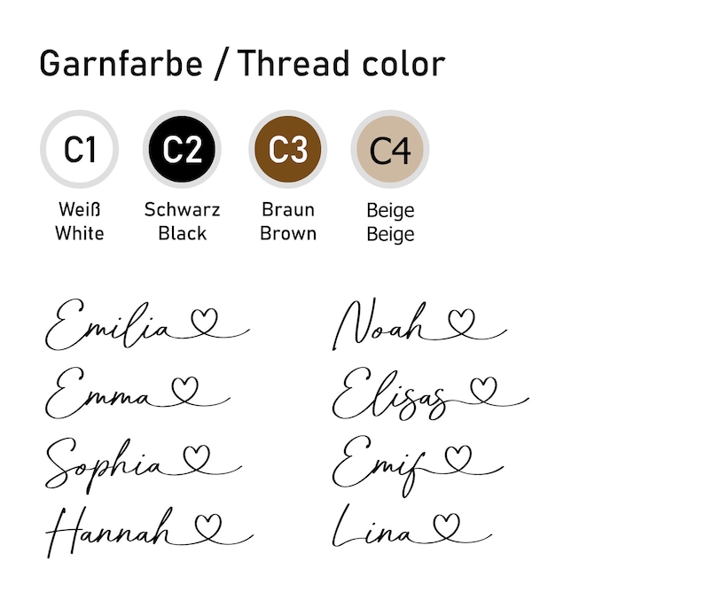 May include: A chart with four colour swatches labelled C1, C2, C3, and C4. The colours are white, black, brown, and beige. Below the swatches are the words "White", "Black", "Brown", and "Beige". Below the colour swatches are a list of names written in cursive with a heart symbol next to each name. The names are: Emilia, Emma, Sophia, Hannah, Noah, Elisas, Emif, and Lina.
