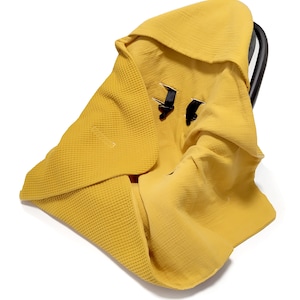 Babyschale Babydecke XL 90x90cm Sommer 3 und 5-Punkt-Gurtsystem 2w1 Handtuch Waffelpiqué Einschlagdecke Cybex Maxi Cosi Mustard
