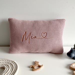 Knit pillow with a name for a child | Birthday gift | Babyshower gift | Decorative pillow with ruffles 04 Dirty pink